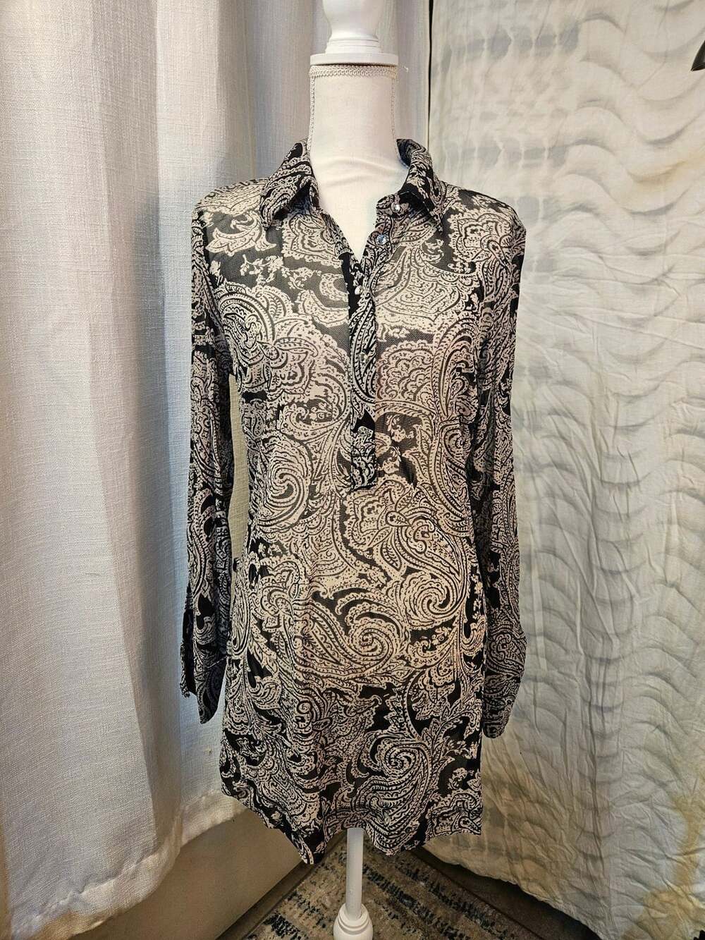INC International Concepts Black and White Paisley Sheer Long Sleeve Button Down